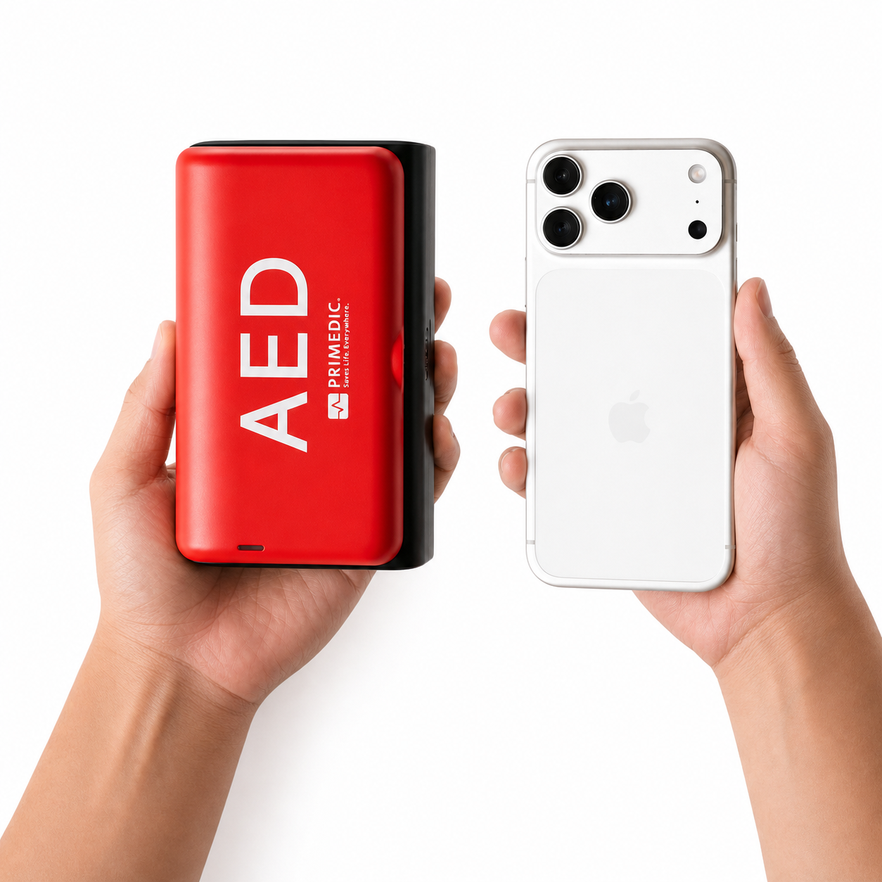 HeartSave Pocket portable AED size comparison with a smartphone